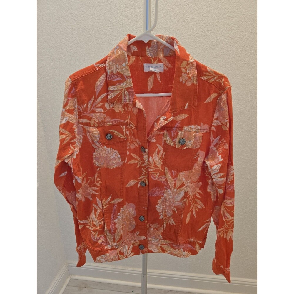 Cynthia Rowley Linen Floral Trucker Jacket Coral Orange Pink Women Size Large